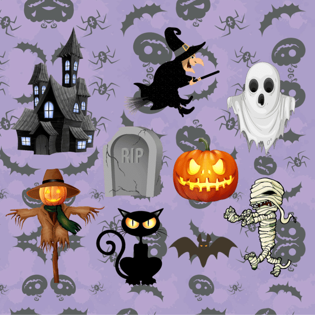 Halloween, strašidelný dom, čarodejnica, duch, hrob, tekvica, múmia, strašiak, mačka, netopie zápichy, dekorácia na tortu