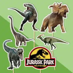 dinosaury, jurský park dekorácie, ozdoba zápich na tortu k narodeninám