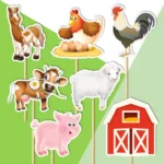 zvieratka na farme kôn, sliepka, krava, prasa, ovca dekorácie, ozdoba zápich na tortu k narodeninám