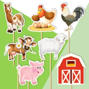 zvieratka na farme kôn, sliepka, krava, prasa, ovca dekorácie, ozdoba zápich na tortu k narodeninám